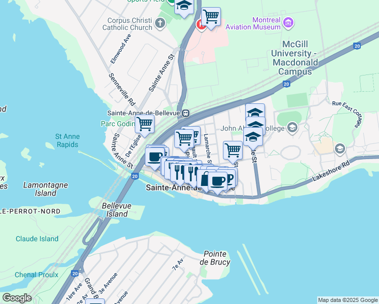 map of restaurants, bars, coffee shops, grocery stores, and more near 33 Rue Saint-Pierre in Sainte-Anne-de-Bellevue