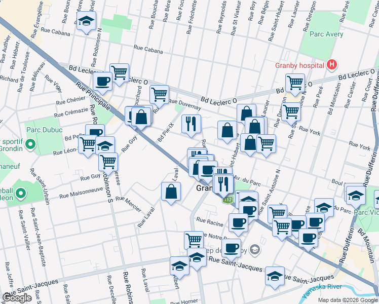 map of restaurants, bars, coffee shops, grocery stores, and more near Rue Laval Nord in Granby