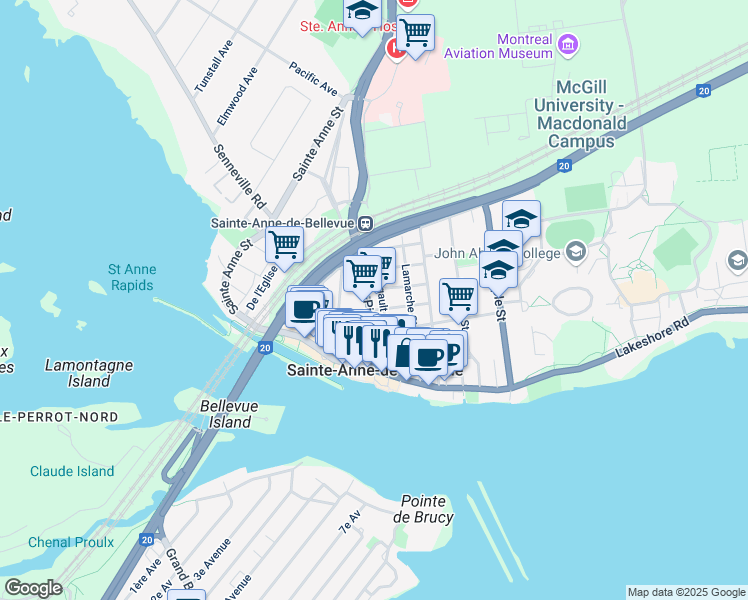 map of restaurants, bars, coffee shops, grocery stores, and more near 16B Rue Legault in Sainte-Anne-de-Bellevue