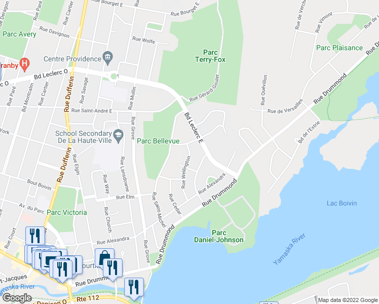 map of restaurants, bars, coffee shops, grocery stores, and more near 104 Wellington Street in Granby