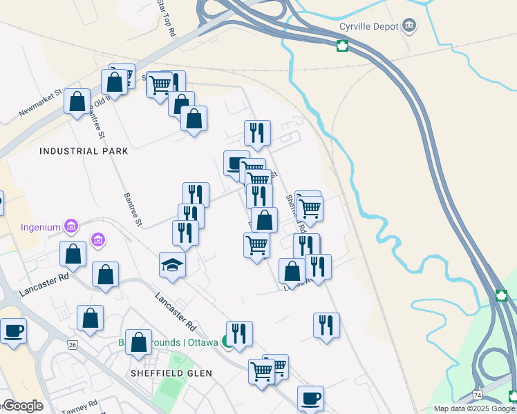 map of restaurants, bars, coffee shops, grocery stores, and more near 2555 Blackwell Street in Ottawa