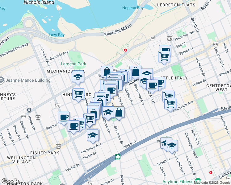 map of restaurants, bars, coffee shops, grocery stores, and more near 1000 Wellington Street West in Ottawa