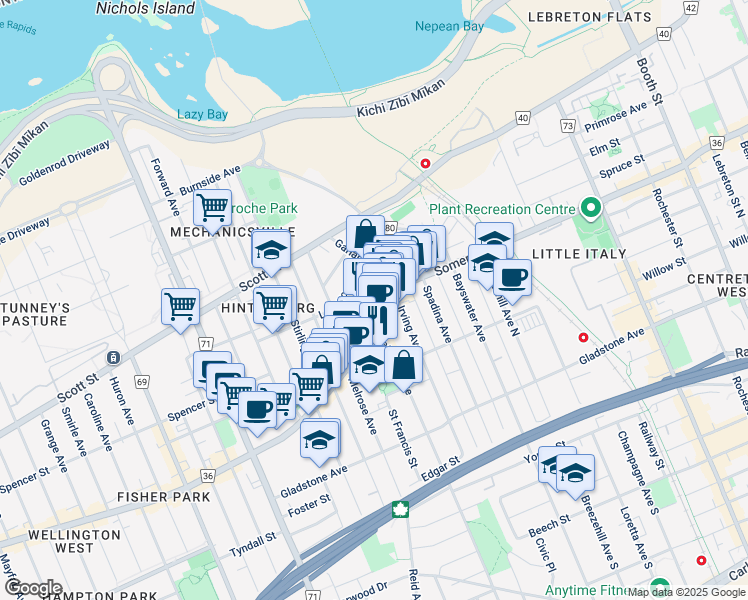 map of restaurants, bars, coffee shops, grocery stores, and more near 90 Armstrong Street in Ottawa