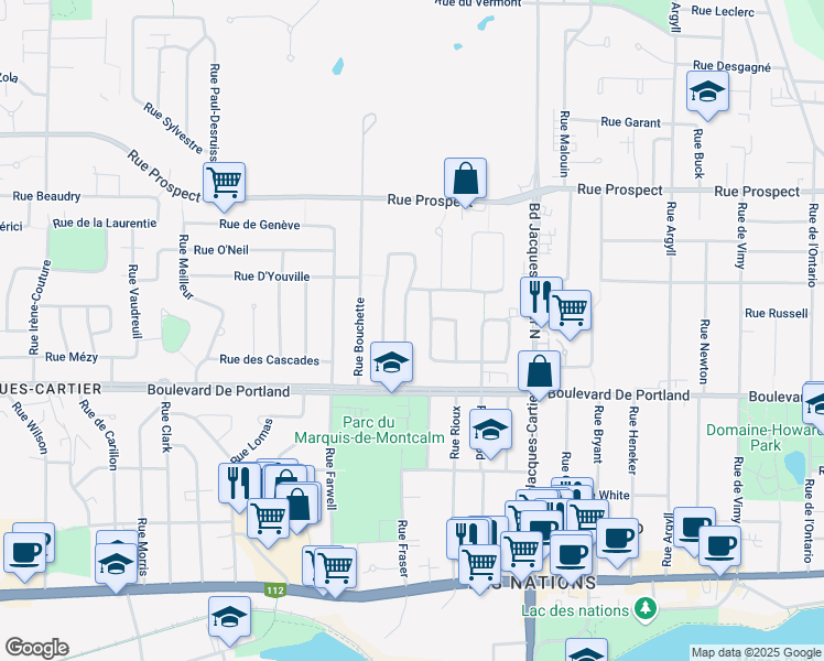 map of restaurants, bars, coffee shops, grocery stores, and more near 456 Rue Fréchette in Sherbrooke