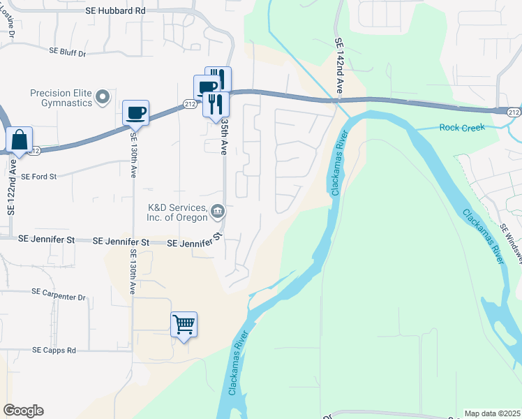 map of restaurants, bars, coffee shops, grocery stores, and more near 16438 Southeast 135th Avenue in Clackamas