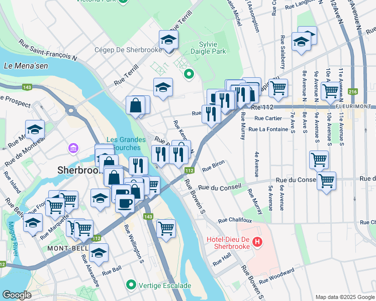 map of restaurants, bars, coffee shops, grocery stores, and more near 43 Rue Kennedy Nord in Sherbrooke