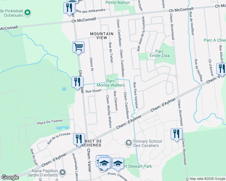 map of restaurants, bars, coffee shops, grocery stores, and more near 107 Rue Clarence in Gatineau