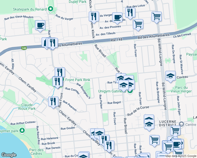 map of restaurants, bars, coffee shops, grocery stores, and more near 571 Rue Parker in Aylmer