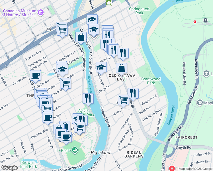 map of restaurants, bars, coffee shops, grocery stores, and more near in Ottawa
