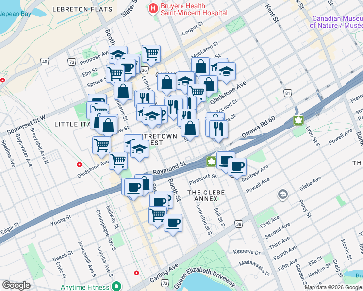 map of restaurants, bars, coffee shops, grocery stores, and more near 18 Louisa Street in Ottawa