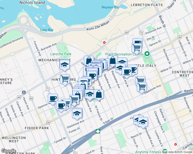 map of restaurants, bars, coffee shops, grocery stores, and more near 1000 Wellington Street West in Ottawa