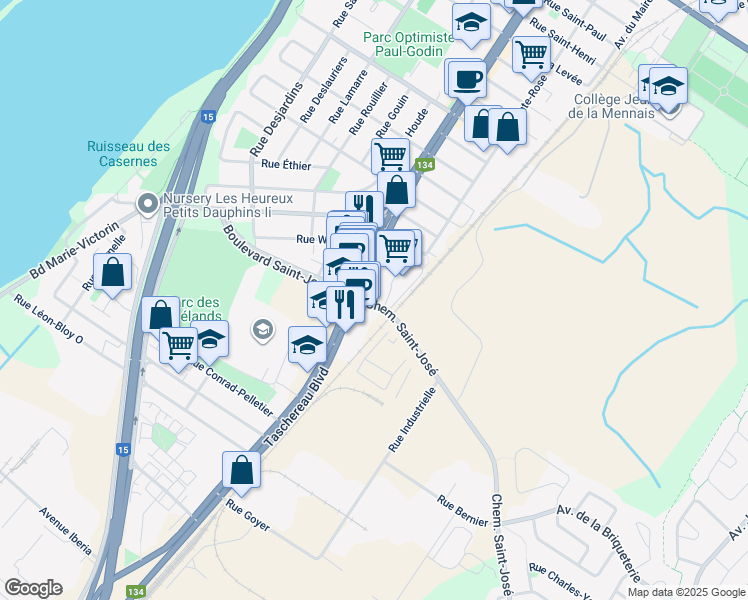 map of restaurants, bars, coffee shops, grocery stores, and more near 1000 Chemin Saint-José in La Prairie