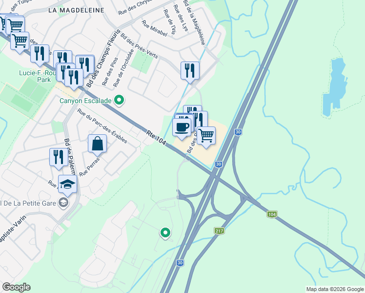 map of restaurants, bars, coffee shops, grocery stores, and more near 995 Boulevard des Prés-Verts in La Prairie