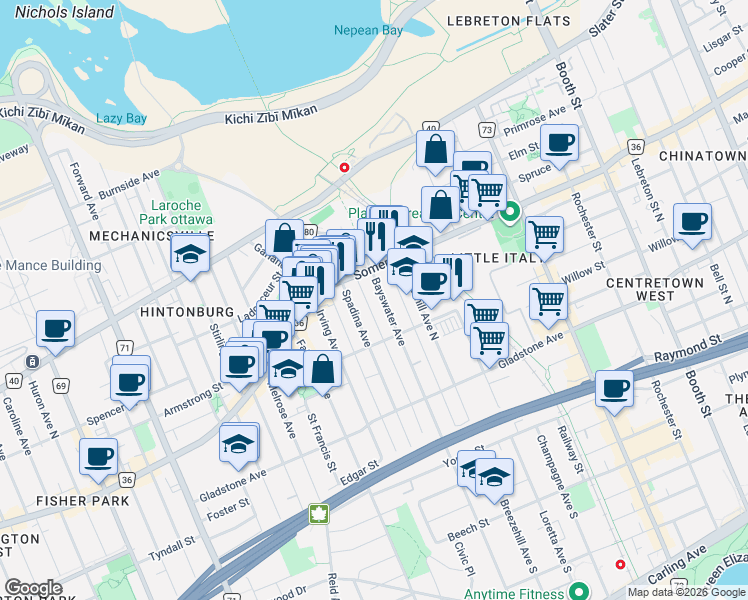 map of restaurants, bars, coffee shops, grocery stores, and more near 56 Bayswater Avenue in Ottawa
