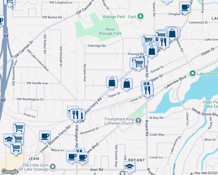 map of restaurants, bars, coffee shops, grocery stores, and more near 16719 Boones Ferry Road in Lake Oswego