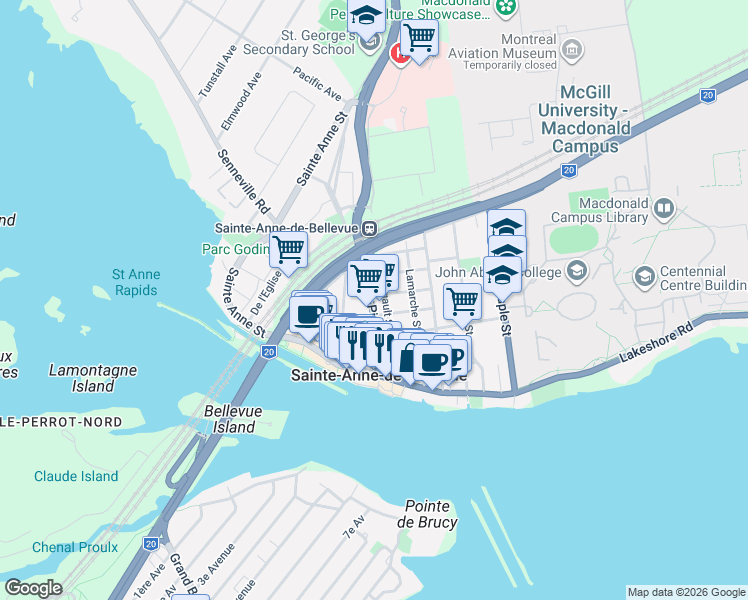 map of restaurants, bars, coffee shops, grocery stores, and more near 37 A Rue Saint-Pierre in Sainte-Anne-de-Bellevue
