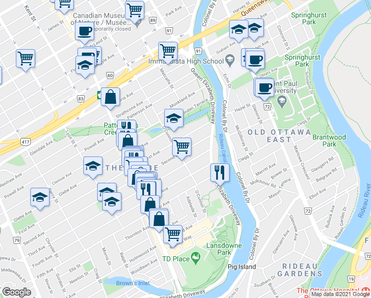 map of restaurants, bars, coffee shops, grocery stores, and more near 41 Second Avenue in Ottawa