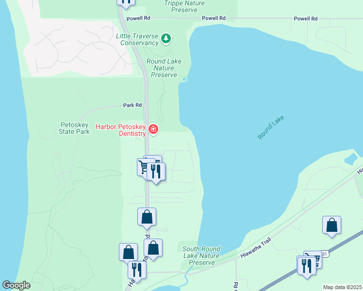 map of restaurants, bars, coffee shops, grocery stores, and more near 3445 Lakeside Drive North in Petoskey