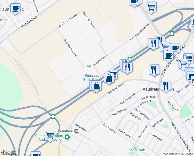 map of restaurants, bars, coffee shops, grocery stores, and more near Autoroute Félix-Leclerc in Vaudreuil-Dorion