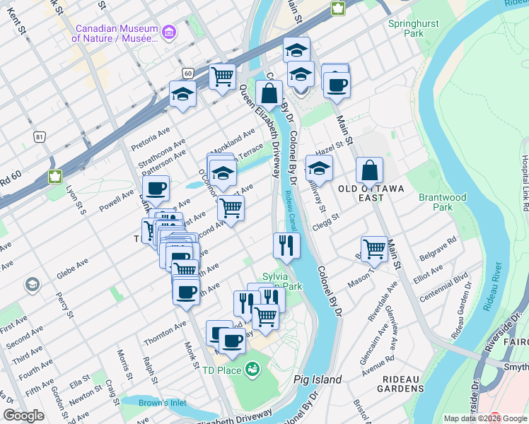 map of restaurants, bars, coffee shops, grocery stores, and more near 350 Queen Elizabeth Driveway in Ottawa