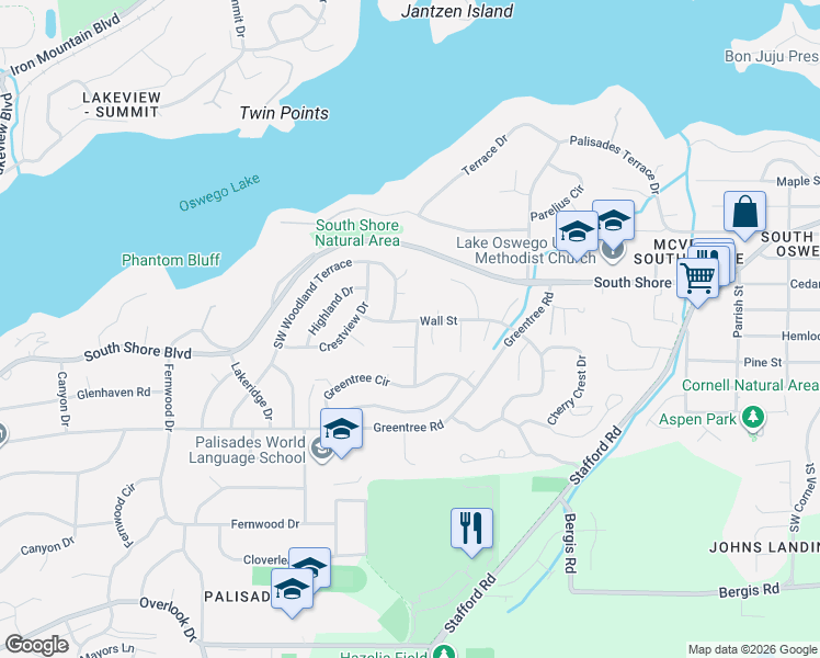 map of restaurants, bars, coffee shops, grocery stores, and more near 17151 Wall Street in Lake Oswego
