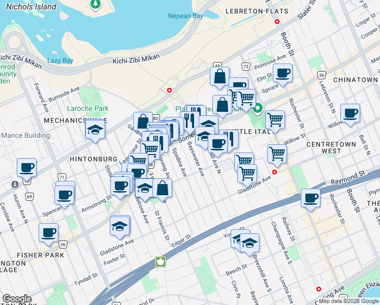 map of restaurants, bars, coffee shops, grocery stores, and more near 56 Bayswater Avenue in Ottawa