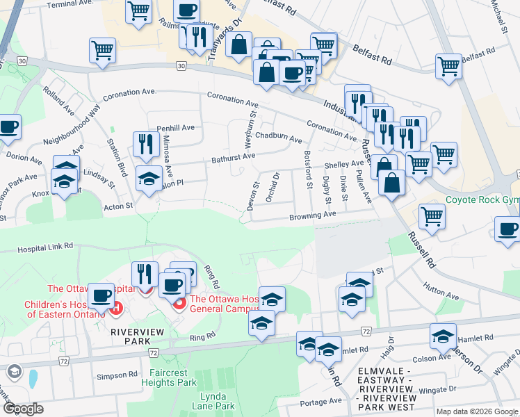 map of restaurants, bars, coffee shops, grocery stores, and more near 520 Keats Avenue in Ottawa