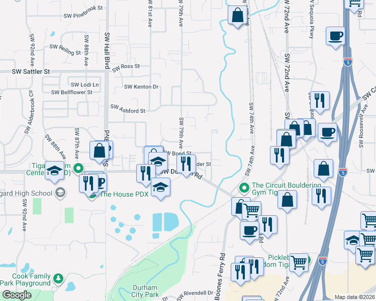 map of restaurants, bars, coffee shops, grocery stores, and more near 7865 Southwest Bond Street in Tigard