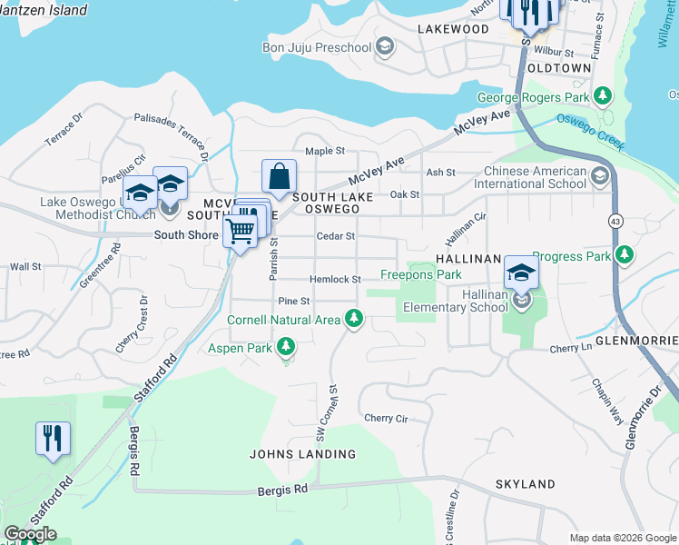 map of restaurants, bars, coffee shops, grocery stores, and more near 1307 Hemlock Street in Lake Oswego