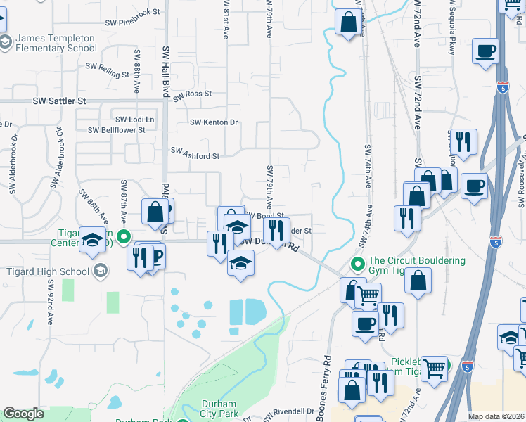 map of restaurants, bars, coffee shops, grocery stores, and more near 15905 Southwest 79th Avenue in Tigard