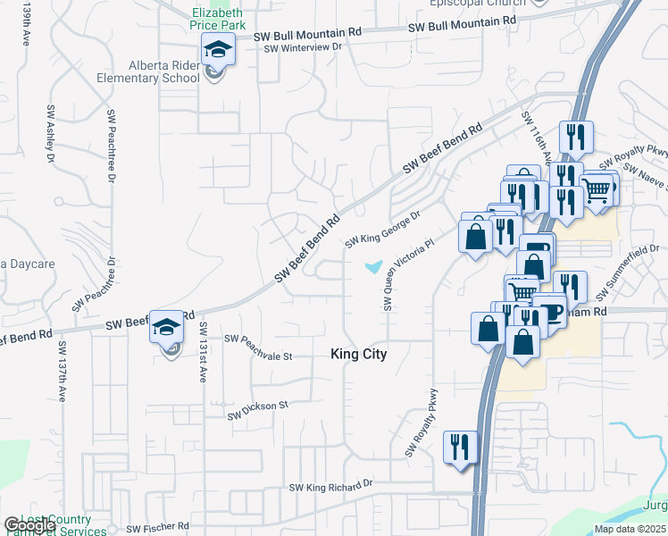 map of restaurants, bars, coffee shops, grocery stores, and more near 12510 Southwest Prince Phillip Court in King City