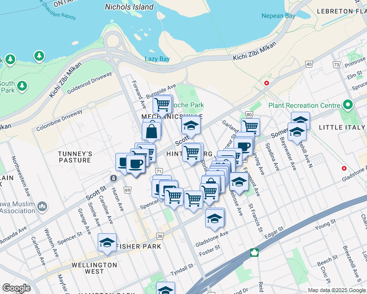 map of restaurants, bars, coffee shops, grocery stores, and more near 175 Carruthers Avenue in Ottawa