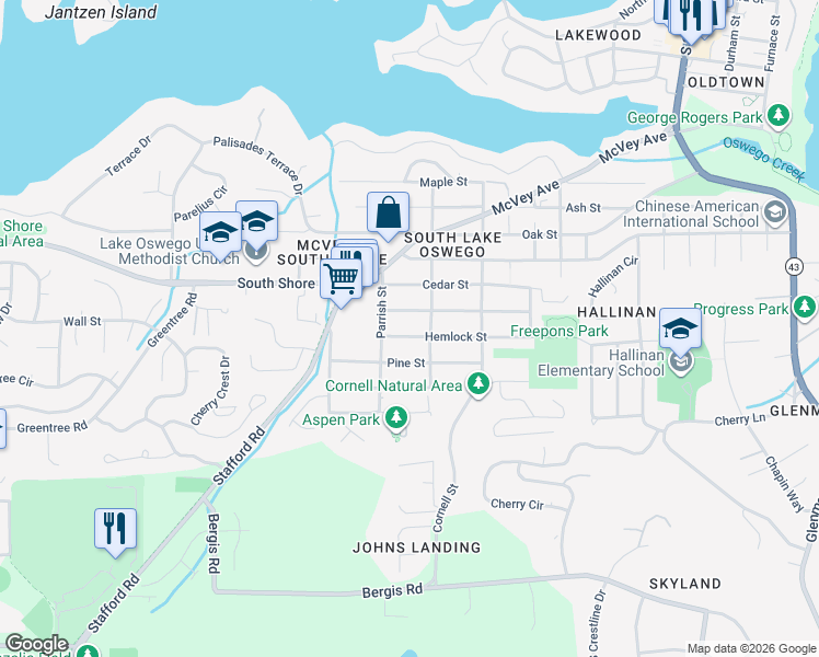 map of restaurants, bars, coffee shops, grocery stores, and more near 1473 Lee Street in Lake Oswego
