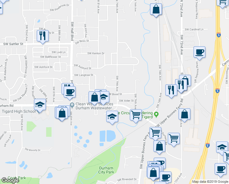 map of restaurants, bars, coffee shops, grocery stores, and more near 15905 Southwest 79th Avenue in Tigard