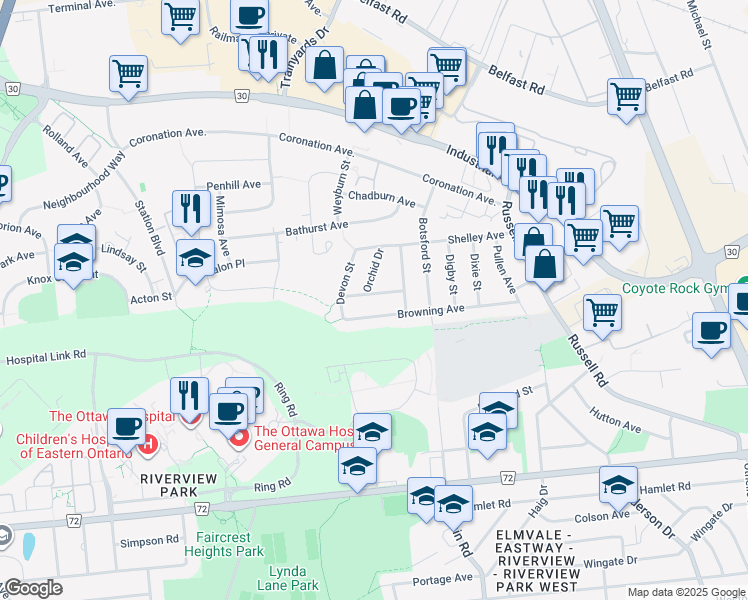 map of restaurants, bars, coffee shops, grocery stores, and more near 528 Browning Avenue in Ottawa