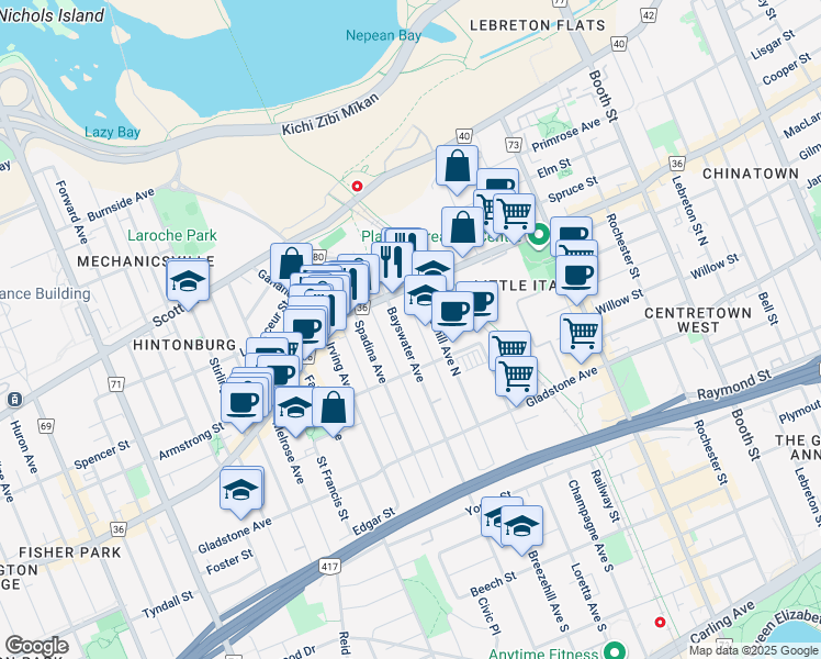 map of restaurants, bars, coffee shops, grocery stores, and more near in Ottawa