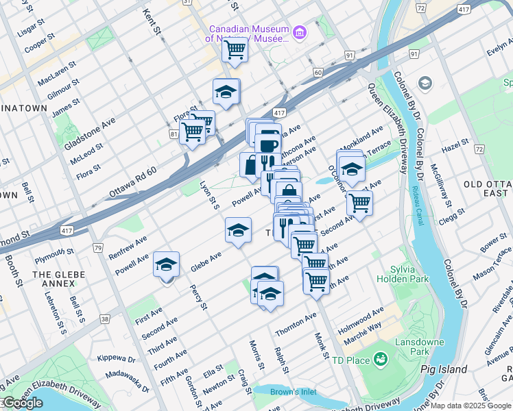 map of restaurants, bars, coffee shops, grocery stores, and more near 172 Clemow Avenue in Ottawa