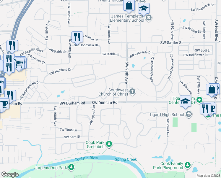 map of restaurants, bars, coffee shops, grocery stores, and more near 15795 Southwest Serena Court in Tigard