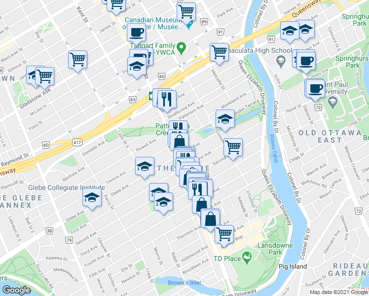 map of restaurants, bars, coffee shops, grocery stores, and more near 103 Glebe Avenue in Ottawa