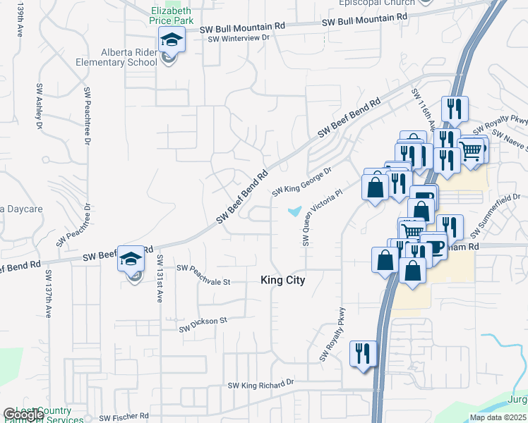 map of restaurants, bars, coffee shops, grocery stores, and more near 12510 Southwest Prince Phillip Court in King City