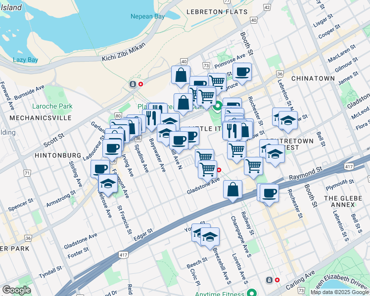 map of restaurants, bars, coffee shops, grocery stores, and more near 40 Laurel Street in Ottawa