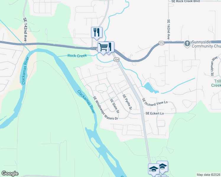 map of restaurants, bars, coffee shops, grocery stores, and more near 15397 Southeast Eckert Lane in Damascus