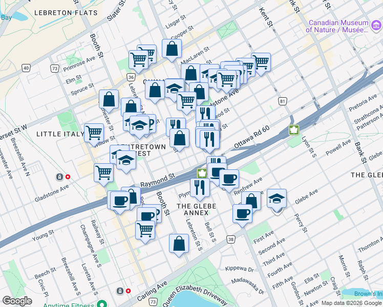 map of restaurants, bars, coffee shops, grocery stores, and more near in Ottawa