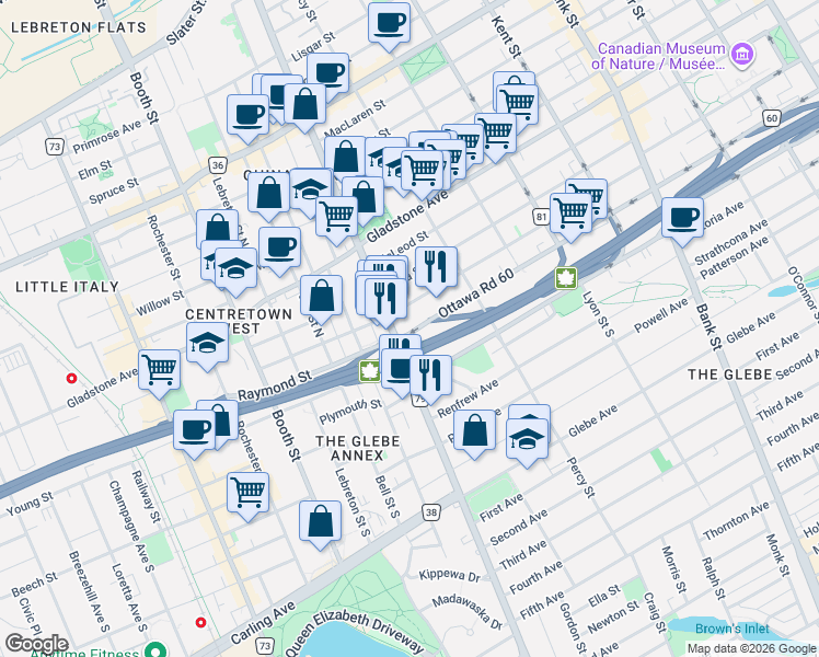 map of restaurants, bars, coffee shops, grocery stores, and more near 475 Catherine Street in Ottawa