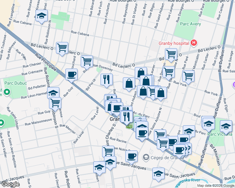 map of restaurants, bars, coffee shops, grocery stores, and more near 444 Rue Boivin in Granby