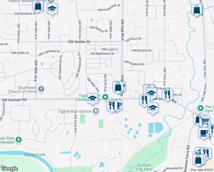 map of restaurants, bars, coffee shops, grocery stores, and more near 15900 Southwest 88th Avenue in Tigard
