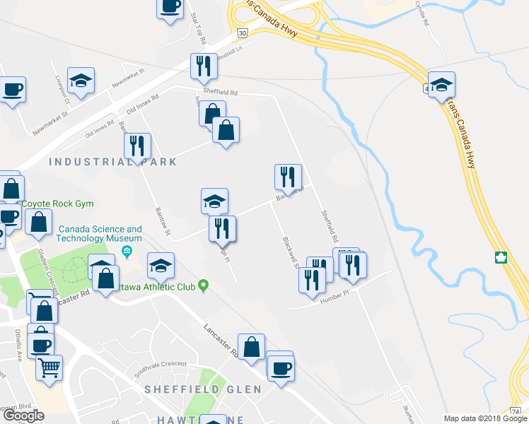 map of restaurants, bars, coffee shops, grocery stores, and more near 2100 Bantree Street in Ottawa