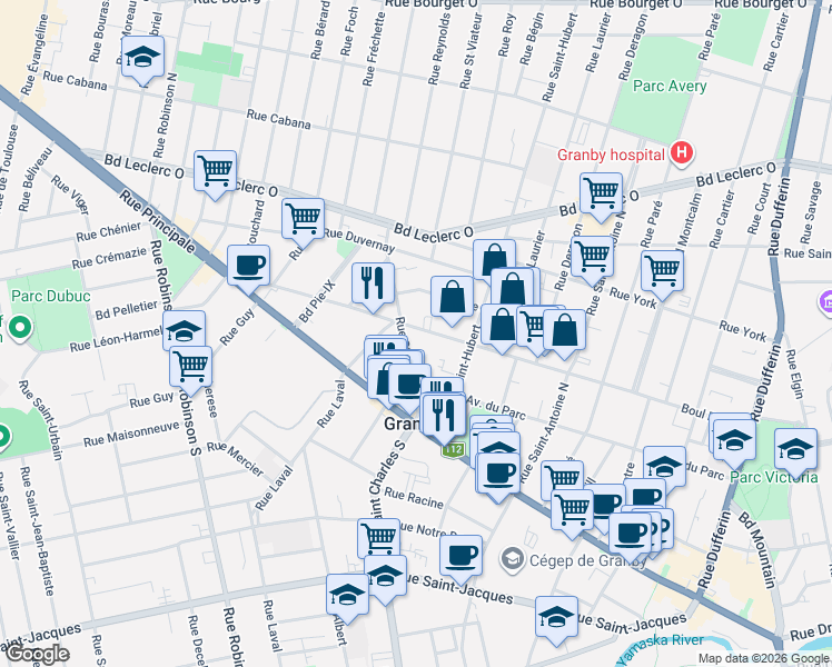 map of restaurants, bars, coffee shops, grocery stores, and more near 444 Rue Boivin in Granby