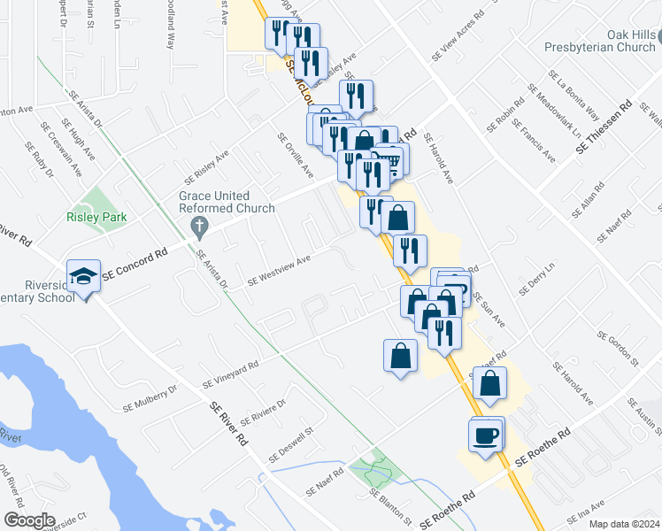 map of restaurants, bars, coffee shops, grocery stores, and more near 3310 Southeast Westview Avenue in Milwaukie