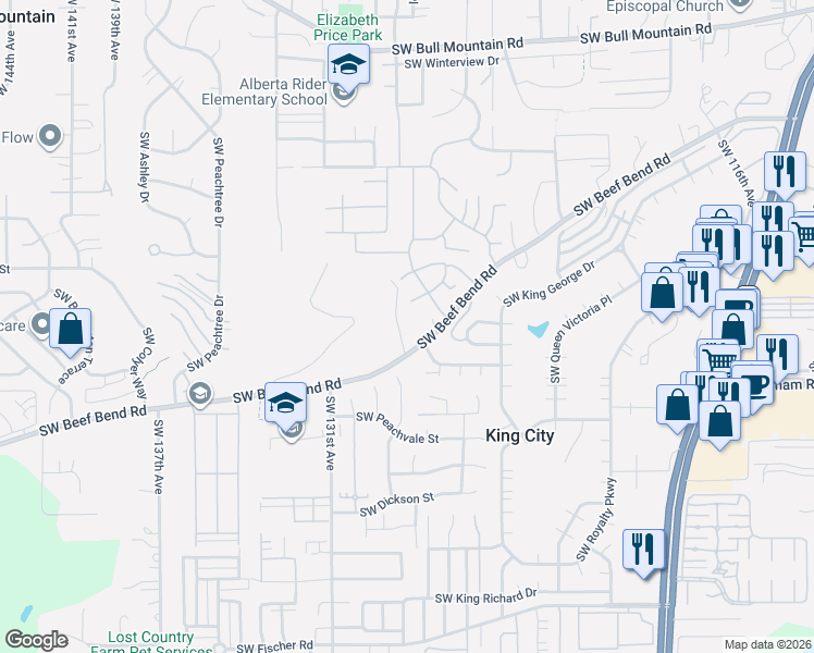 map of restaurants, bars, coffee shops, grocery stores, and more near 15967 Southwest 129th Terrace in Tigard